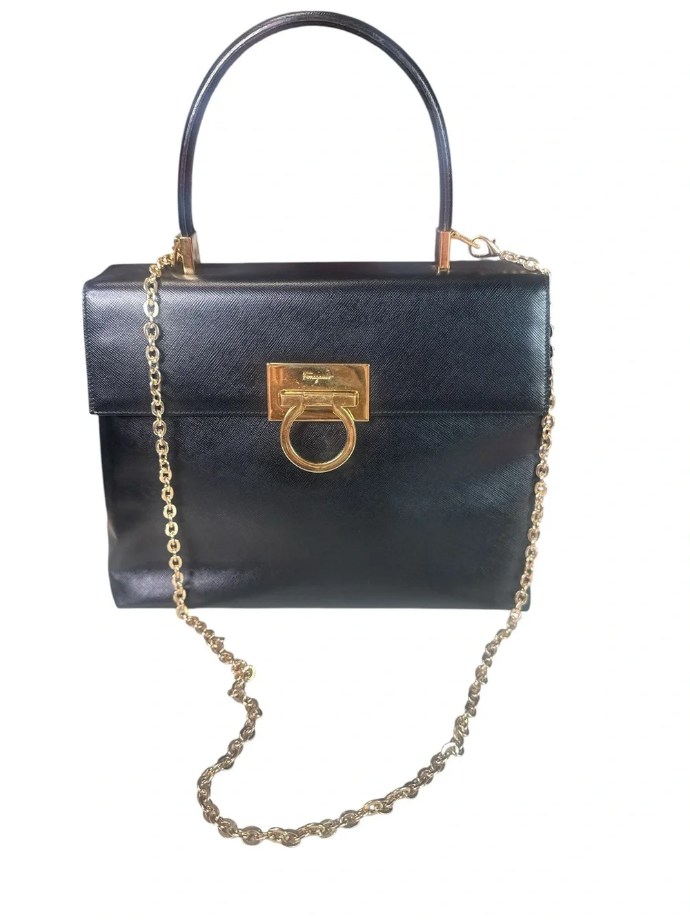 Salvatore Ferragamo Elegant Black Top-Handle Shoulder Bag with provided chain